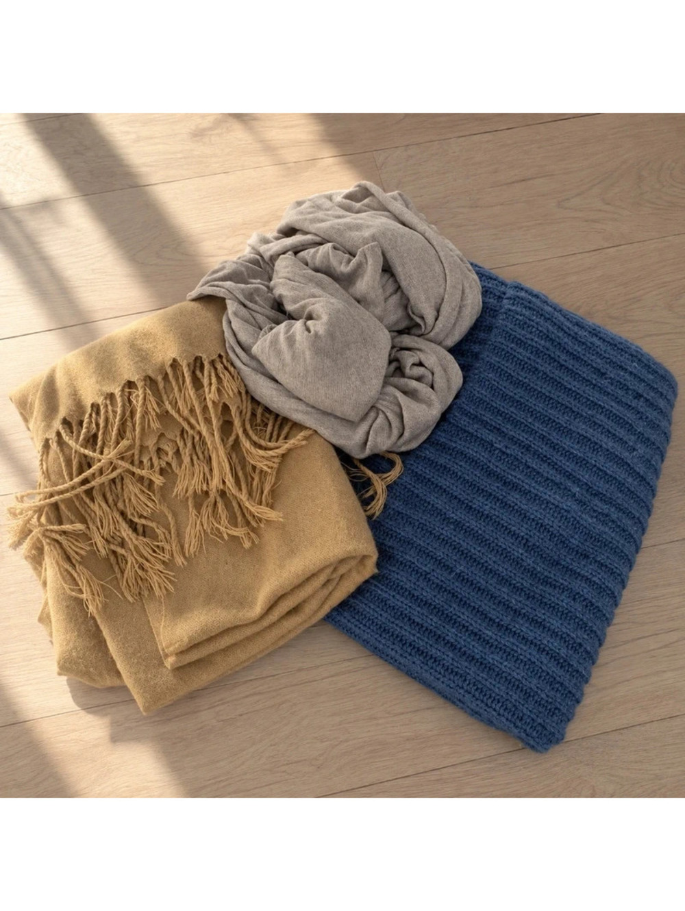 3 Piece Women’s Scarf Bundle Infinity Knit Fringe Gray Mustard Blue Winter